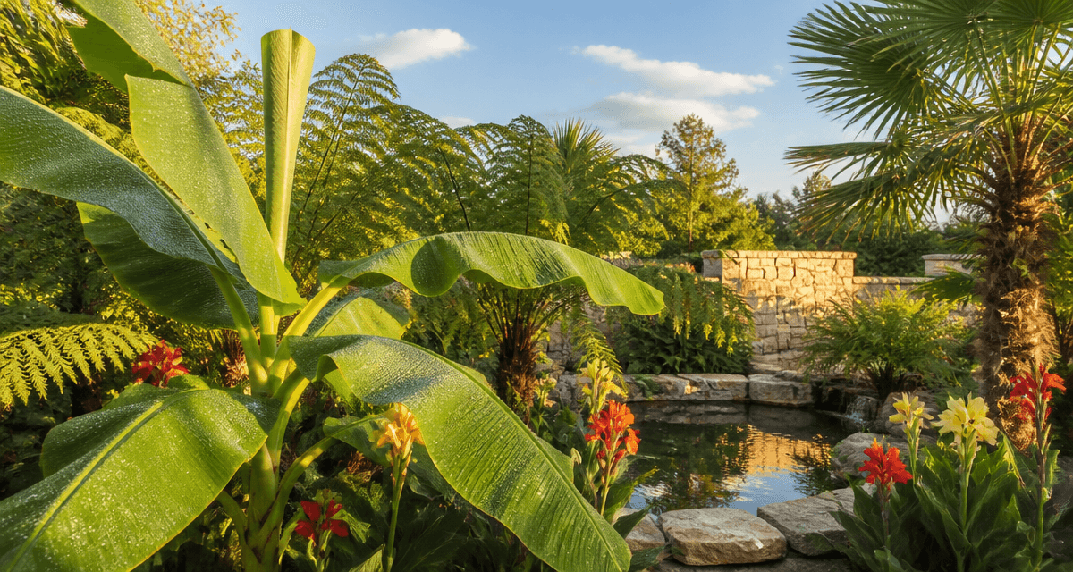 jardin tropic avec bananiers et palmiers