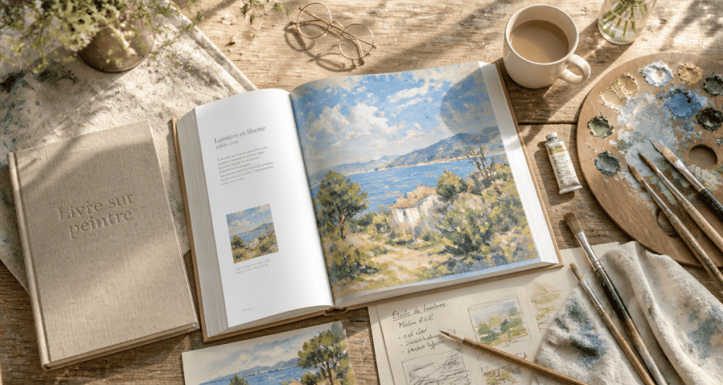 livre sur peintre ouvert sur table d'artiste