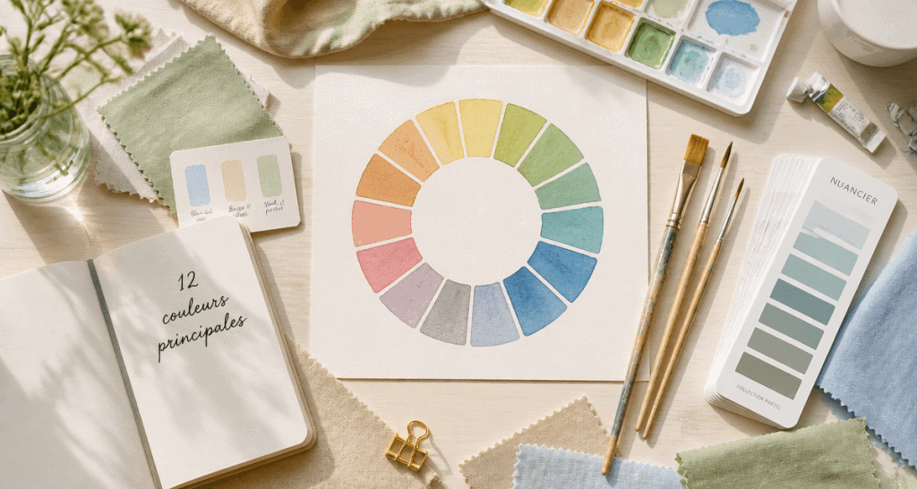 cercle chromatique peint illustrant les 12 couleurs principales