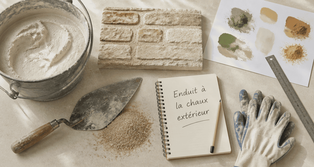 Mur à la chaux extérieur avec outils et matériaux