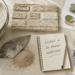 Mur à la chaux extérieur avec outils et matériaux