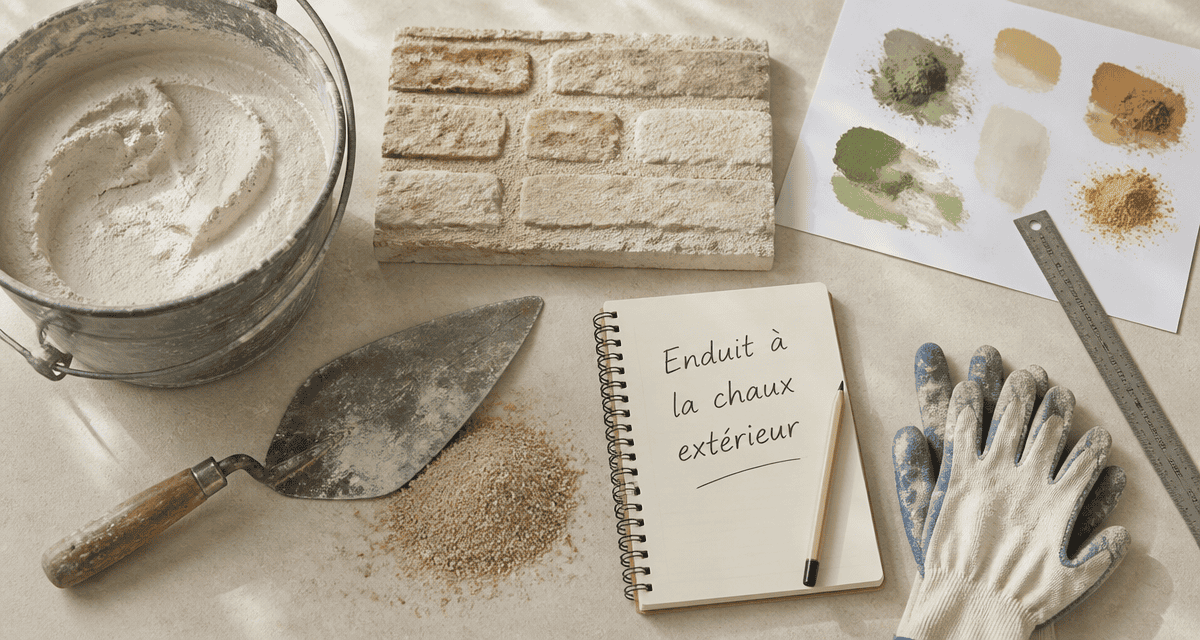 Mur à la chaux extérieur avec outils et matériaux