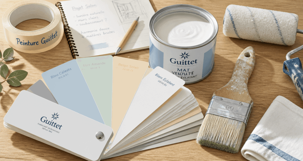 peinture guittet nuancier et outils sur table