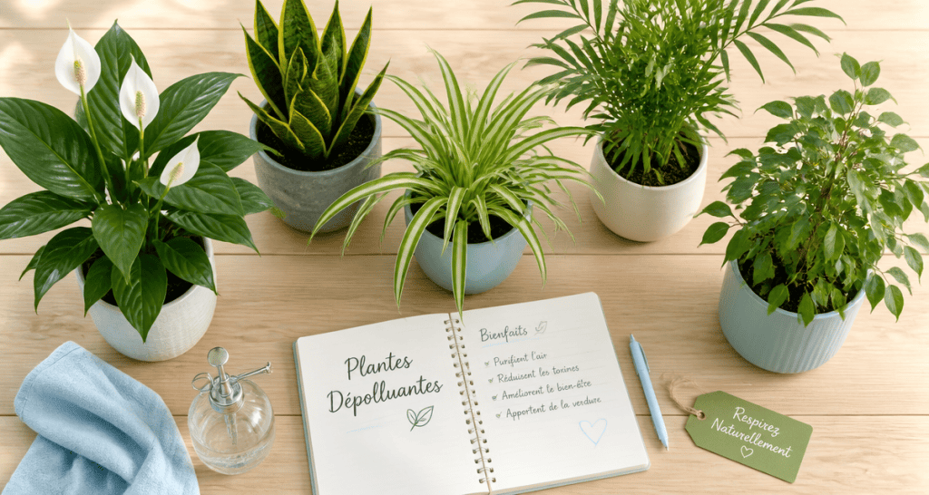 plantes d'interieur depolluante sur table bois
