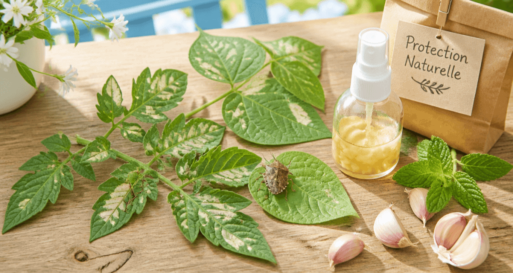 punaise de jardin sur feuilles de tomate et haricot avec solutions naturelles