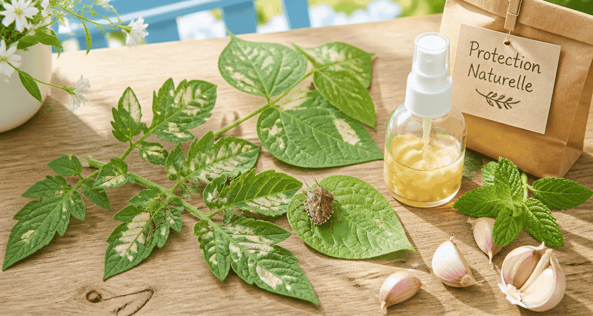 punaise de jardin sur feuilles de tomate et haricot avec solutions naturelles