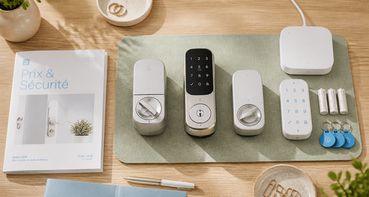 serrure connectée prix et accessoires sur table