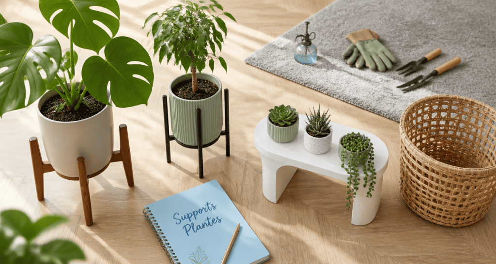 Support plante intérieur sur parquet bois clair