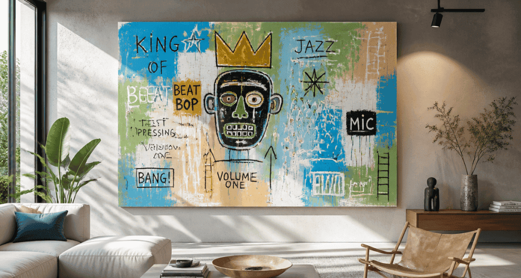 tableau basquiat coloré sur mur béton