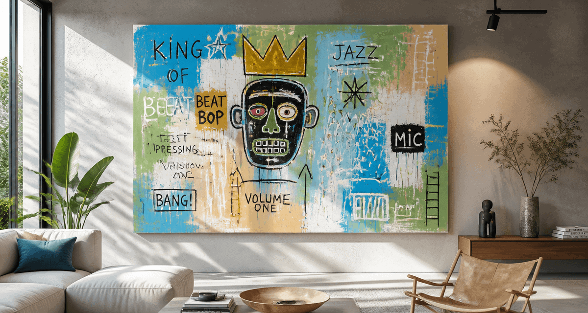 tableau basquiat coloré sur mur béton