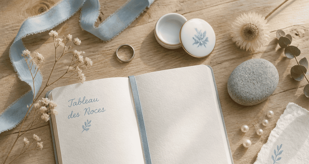 tableau des noces de mariage sur table bois clair