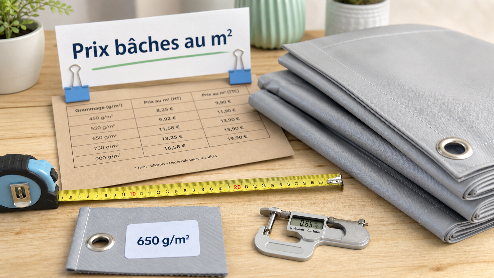 Bache prix : grammage élevé ou sur-mesure, vue avec œillets et mètre ruban