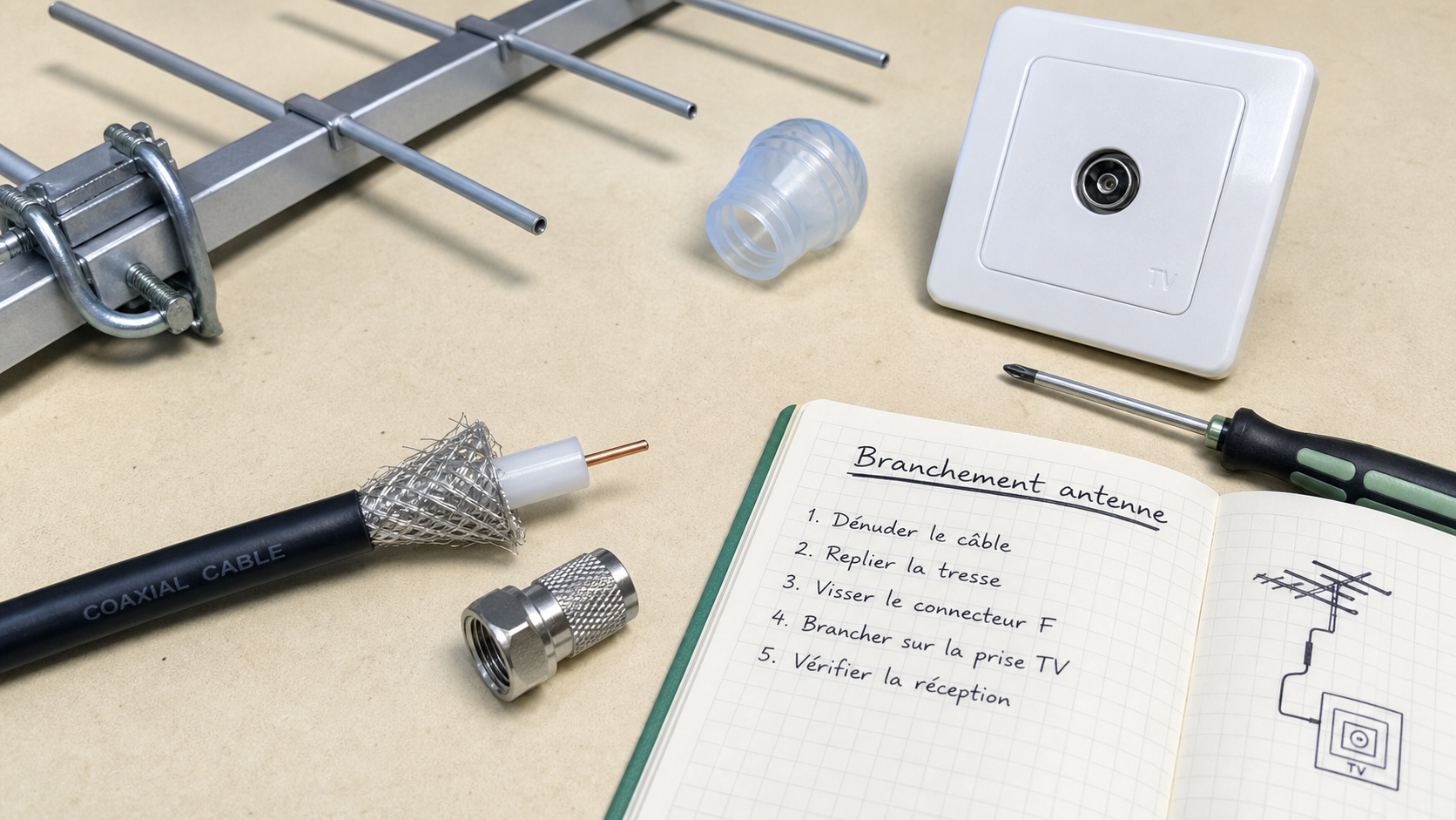 Branchement antenne tv rateau : câble coaxial et fiche F