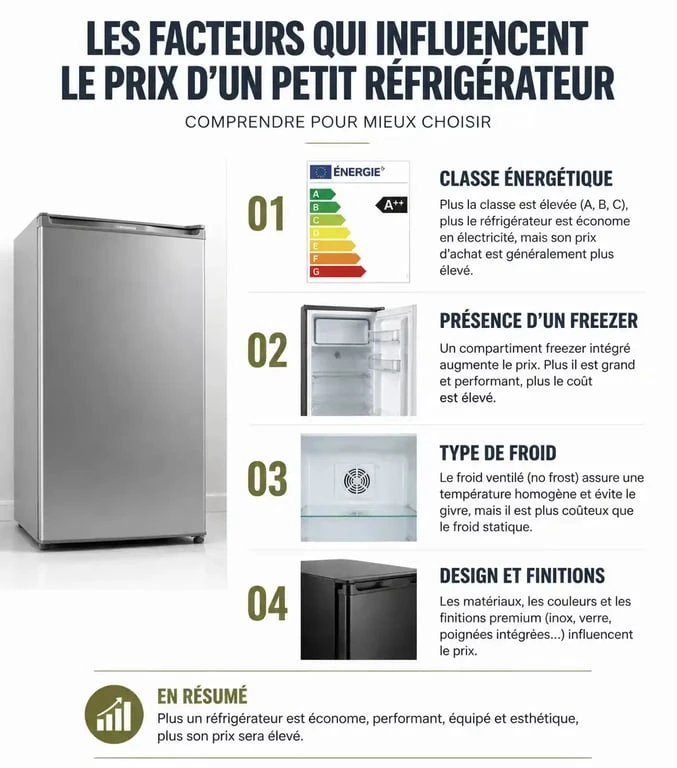 Infographie des facteurs influençant le prix d'un petit frigo : classe énergétique, freezer, froid ventilé et design