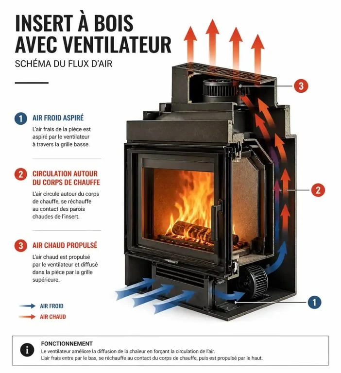 Schéma de fonctionnement d'un insert avec ventilateur montrant le flux d'air chaud