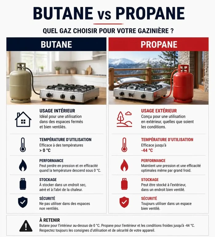 Infographie comparative des caractéristiques du butane et du propane pour choisir sa bouteille de gaz pour gazinière