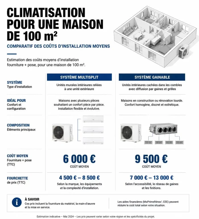 Comparatif des prix de climatisation pour maison 100m2 par type de système
