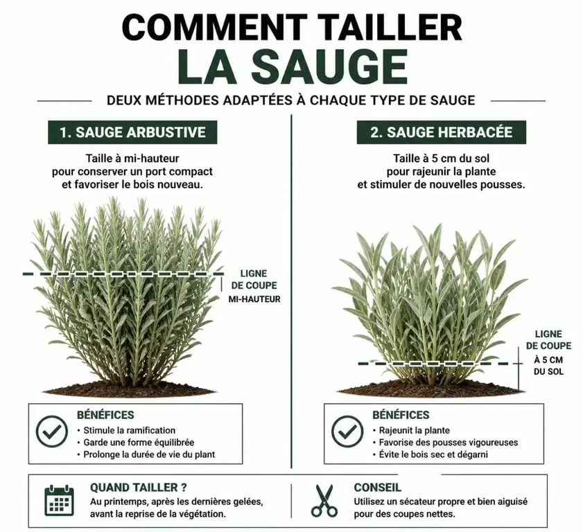 Schéma illustrant comment tailler les sauges arbustives et herbacées pour une floraison optimale