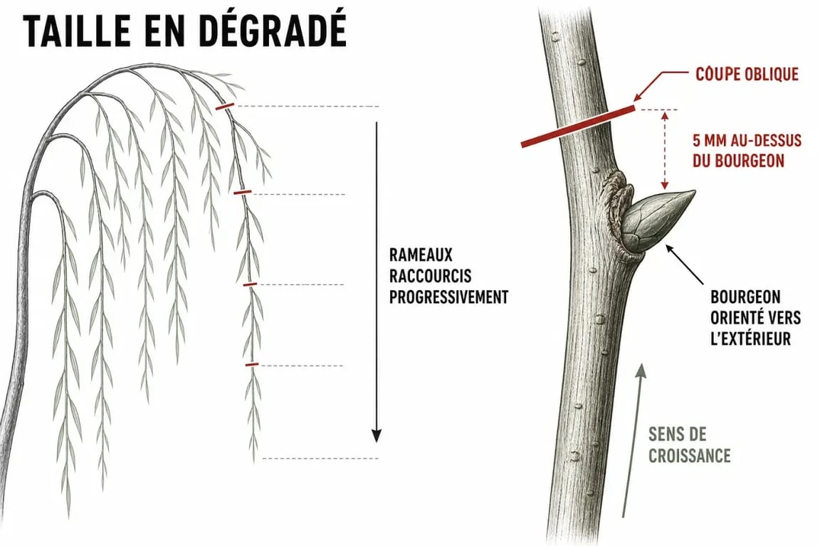 Schéma technique de la taille en dégradé d'un saule pleureur pour une croissance harmonieuse