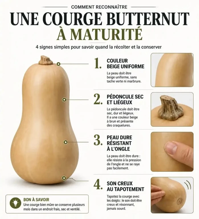 Infographie des signes de maturité pour savoir quand cueillir les butternut au potager