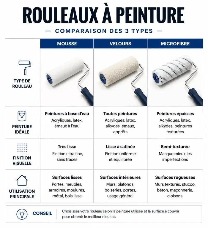 Tableau comparatif des rouleaux à peinture : mousse, velours et microfibre pour choisir le bon outil selon la peinture
