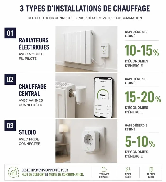 Infographie comparative des économies d'énergie avec un thermostat connecté pour radiateur