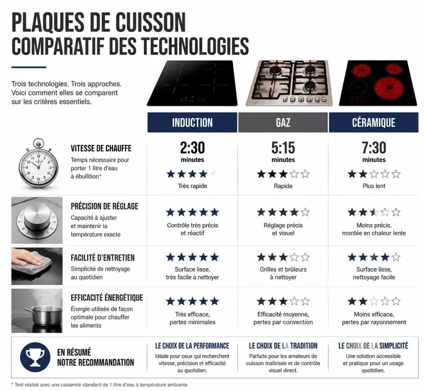 Comparatif des technologies de plaques de cuisson : induction, gaz et vitrocéramique pour choisir la meilleure plaque de cuisson