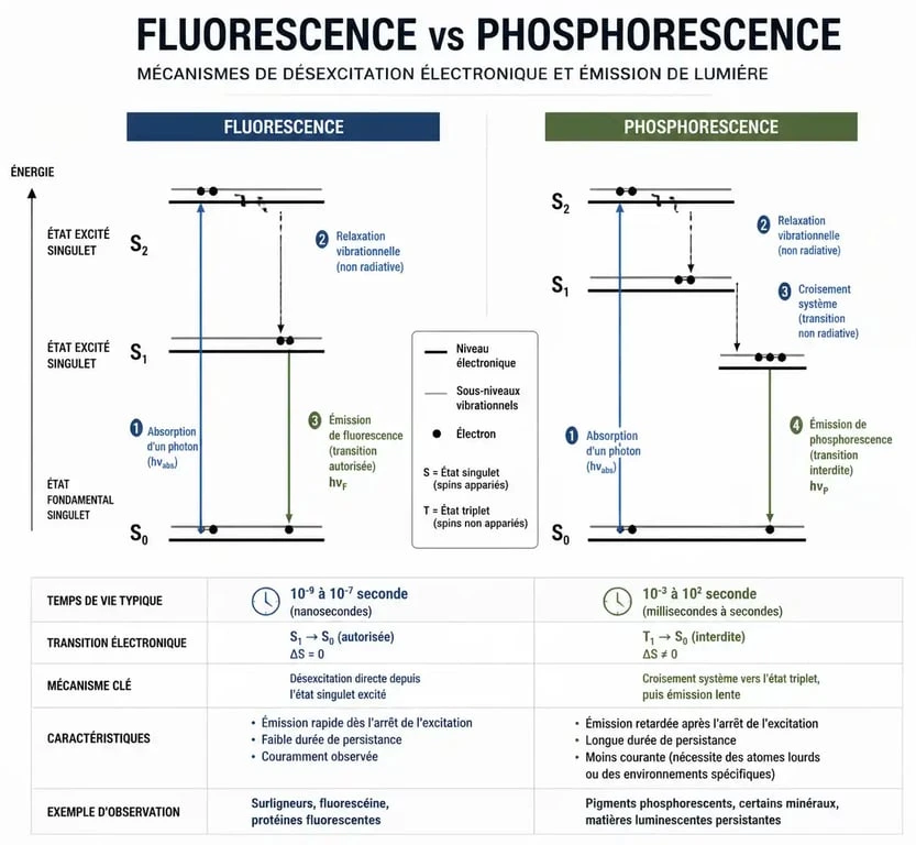 Schéma explicatif du mécanisme de la phosphorescence comparé à la fluorescence