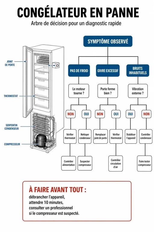 Infographie diagnostic panne congélateur pour réparation