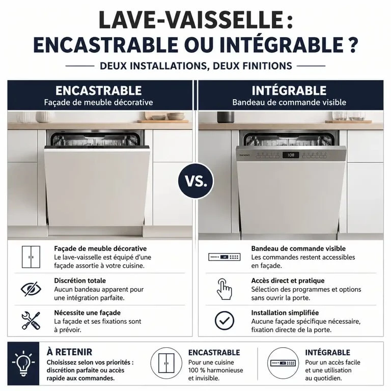 Infographie comparative illustrant la différence entre un lave-vaisselle encastrable et un modèle intégrable pour la cuisine