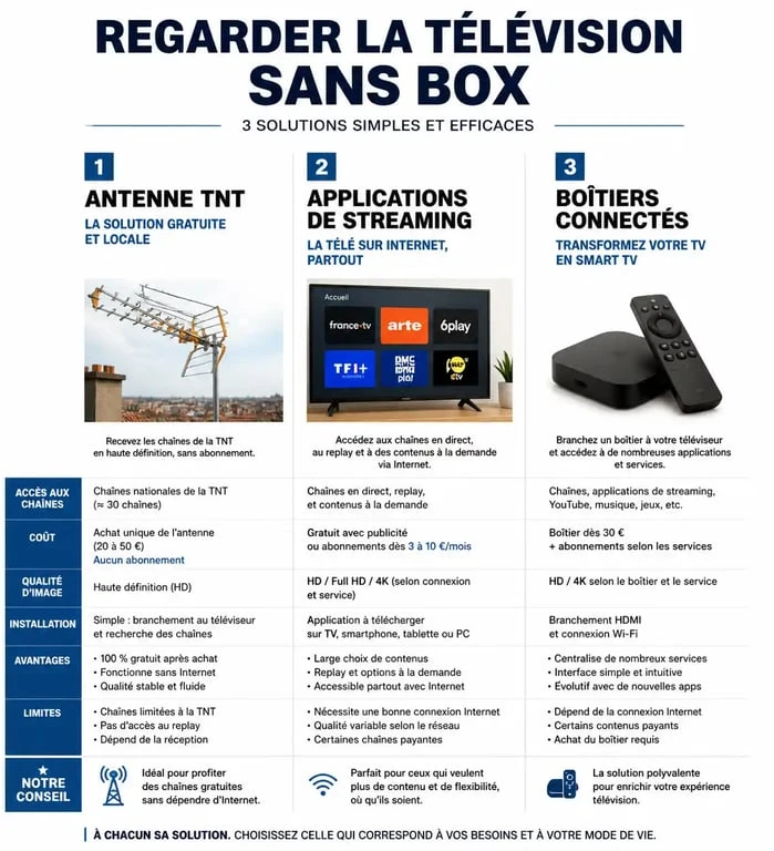 Infographie comparative des solutions pour regarder la TV sans box
