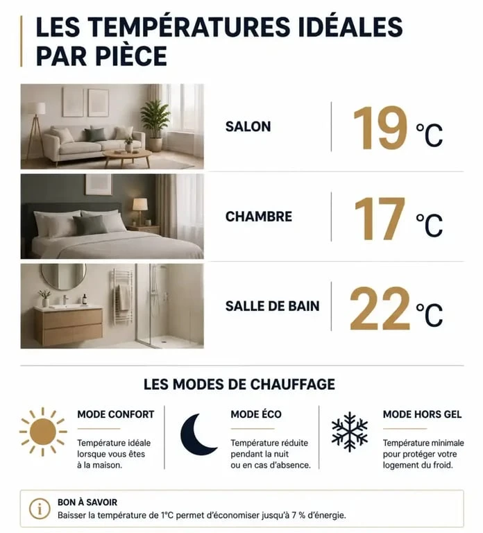 Infographie des températures idéales et modes pour régler un radiateur électrique