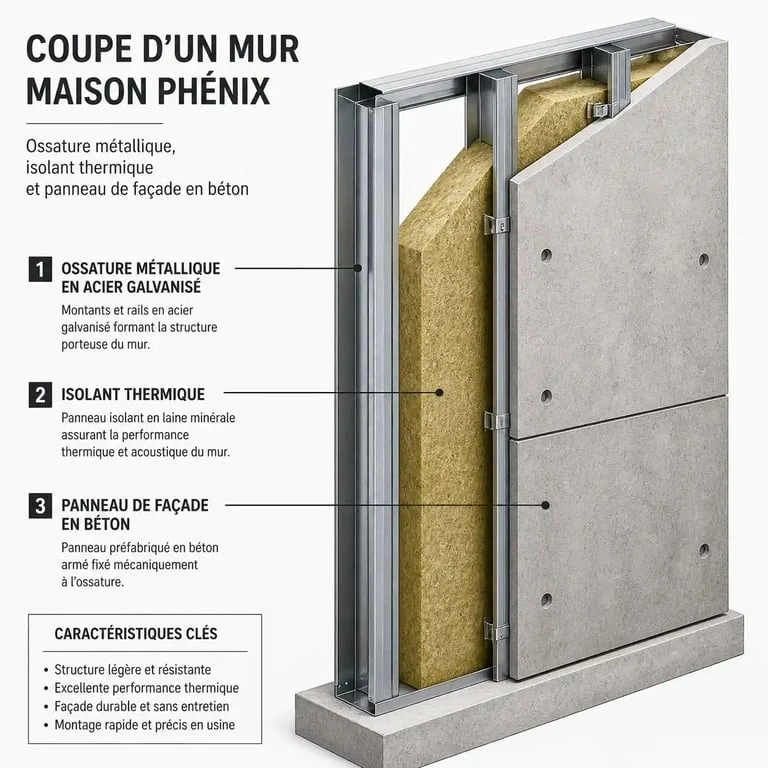 Schéma technique de la structure d'une maison Phénix avec ossature métallique et panneaux béton