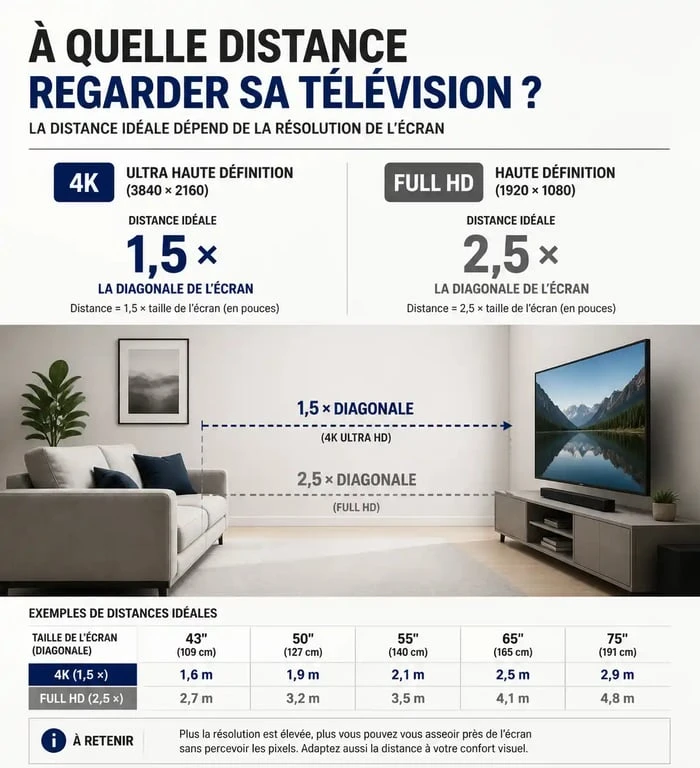 Infographie montrant la distance idéale entre la télévision et le canapé selon la résolution et la taille de l'écran
