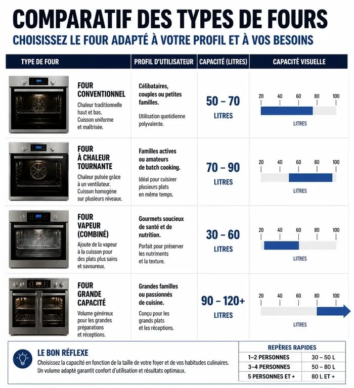 Infographie comparative pour choisir son four selon la capacité et le profil d'utilisateur