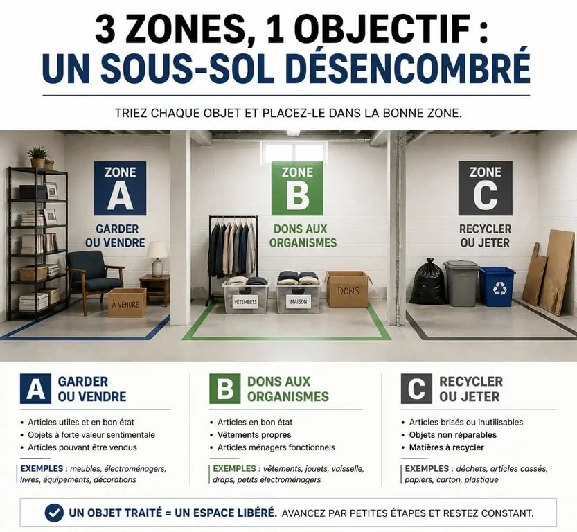 Méthode de tri pour vider une cave efficacement avec trois zones distinctes