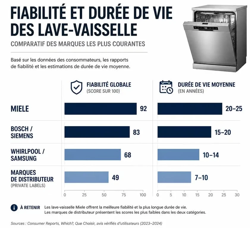 Infographie comparative de la durée de vie et fiabilité des marques de lave-vaisselle