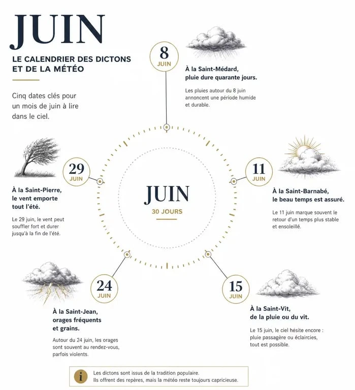 Calendrier illustré des dictons du mois de juin et leurs significations agricoles.