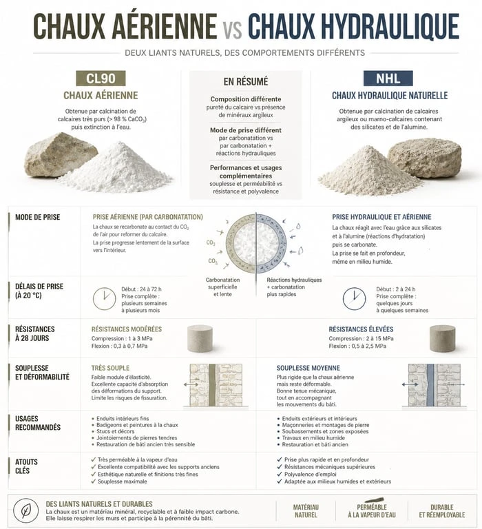 Comparatif technique entre chaux aérienne et chaux hydraulique pour enduit à la chaux