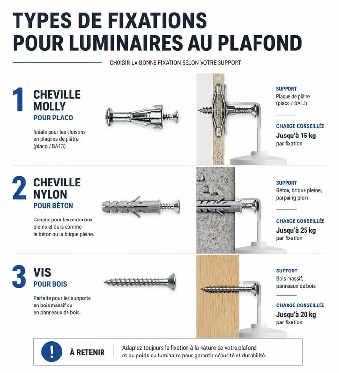 Infographie des méthodes de fixation pour installer un luminaire au plafond
