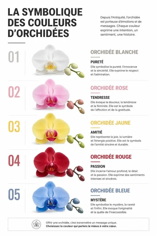 Infographie sur la signification des couleurs d'orchidées pour offrir un cadeau symbolique