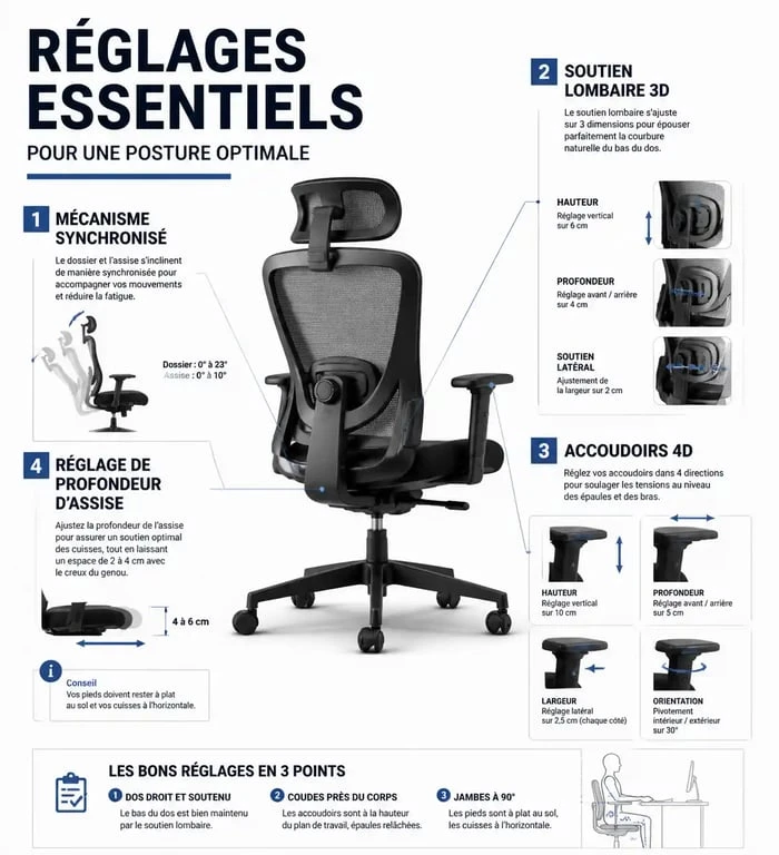 Schéma des réglages essentiels pour choisir la meilleure chaise ergonomique 2025