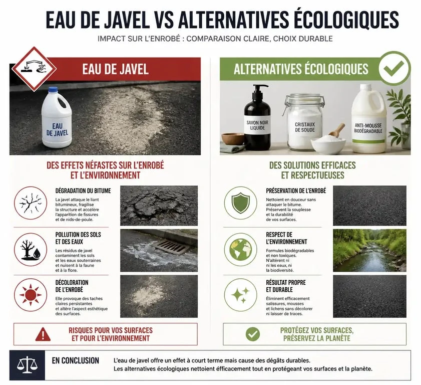 Infographie comparative : eau de javel sur enrobé vs alternatives écologiques pour l'entretien