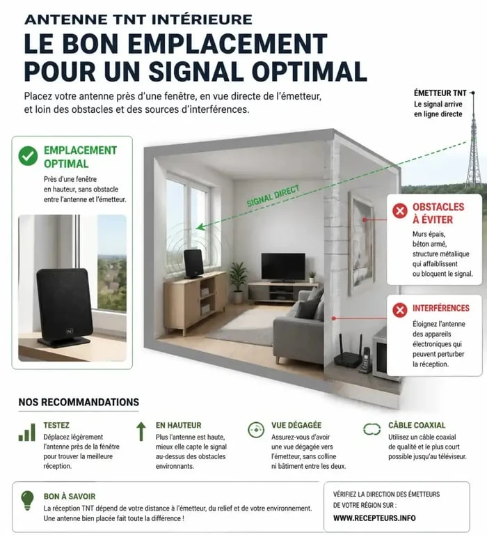 Schéma illustrant le placement optimal d'une antenne TNT pour une réception difficile en intérieur