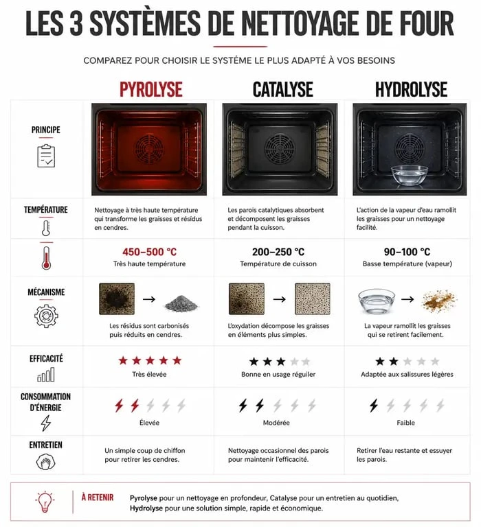 Comparatif des systèmes de nettoyage de four encastrable : pyrolyse, catalyse et hydrolyse