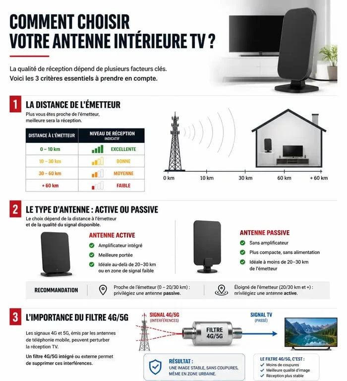 Infographie comparative pour choisir la meilleure antenne intérieure TV selon la distance et l'environnement
