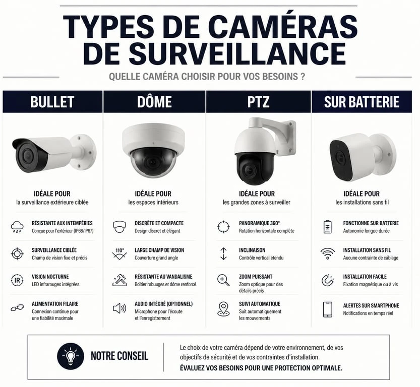 Infographie comparative pour savoir quelle caméra de surveillance choisir selon les besoins