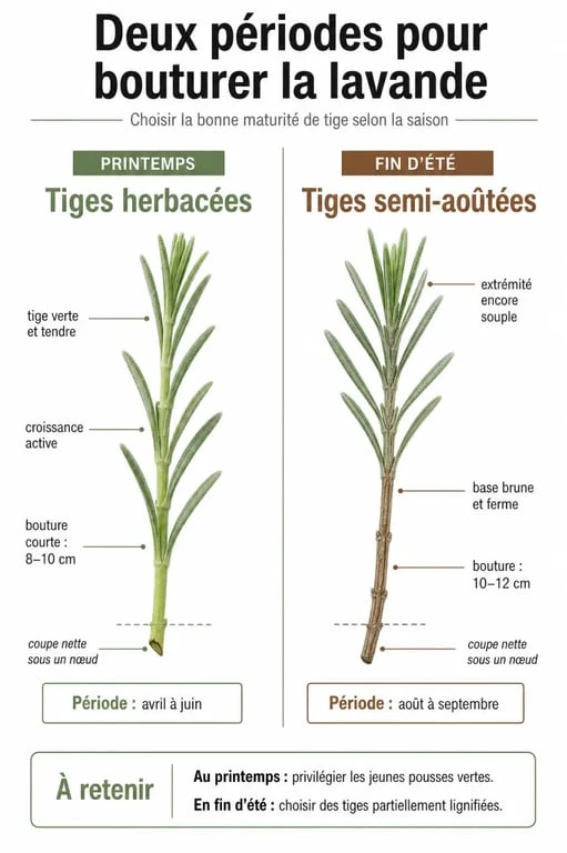 Infographie sur les périodes et techniques pour bouturer la lavande avec succès