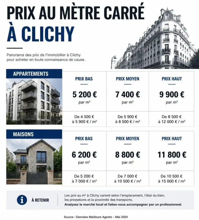 Graphique des prix immobilier à Clichy par type de bien et fourchette de prix