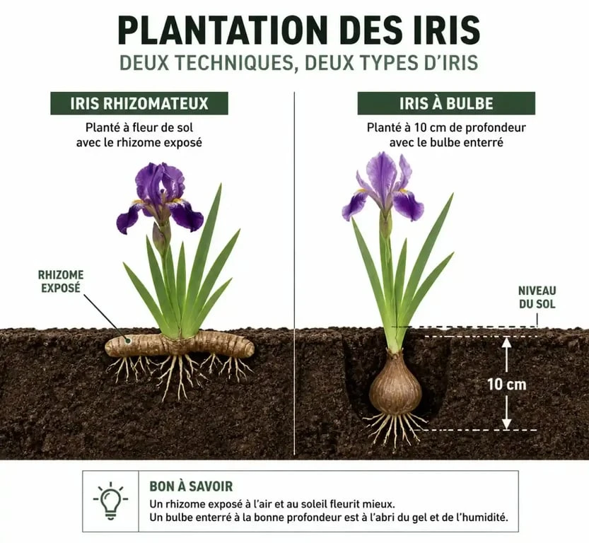 Schéma de plantation des iris : profondeur pour rhizomes et bulbes